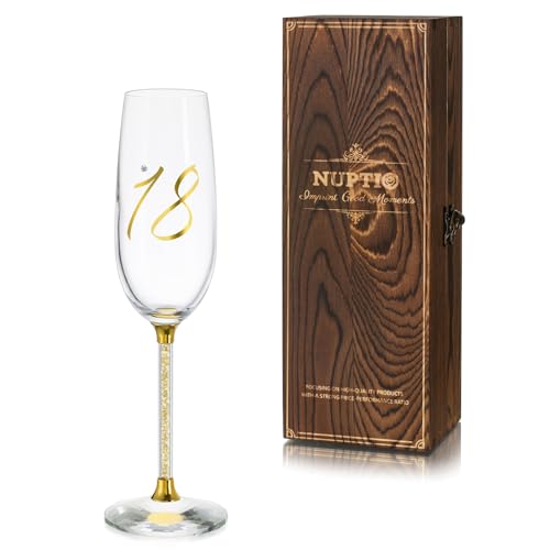 NUPTIO Sektgläser 18. Geburtstag Geschenke: Geschenkideen mit Holzkiste Gold Birthday Gravur Gläser für Frau Junge Mädchen Prosecco Sektflöten Geschenkbox Sohn Freundin 7.04oz von NUPTIO