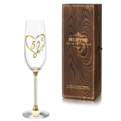 NUPTIO Sektgläser 50. Geburtstag Geschenke: Geschenkideen mit Holzkiste Gold Birthday Gravur Gläser für Frau Patentante Mutter Prosecco Sektflöten Geschenkbox 7.04oz von NUPTIO