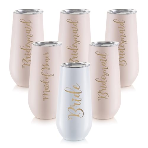 NUPTIO Sektgläser Becher Geschenk Hochzeit: Satz von 6 Gravur Edelstahl Champagner Prosecco Bride Bridesmaid Trauzeugin Braut Brautjungfer Tumbler Party Champagnerglas Sektflöten Gift Stemless von NUPTIO