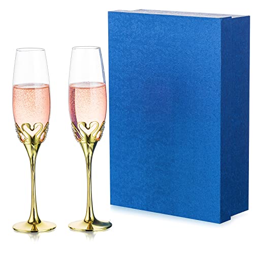 NUPTIO Sektgläser Champagner Gläser Gold: 2er Set Kristall Sektglas mit Strass Personalisiert mit Geschenkbox für Braut Bräutigam Paare Verlobung Jahrestag Party Hauseinweihung Geschenke von NUPTIO