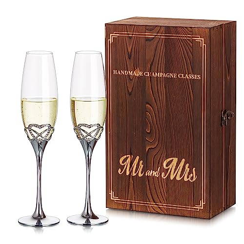 NUPTIO Sektgläser Champagner Gläser Hochzeitsgeschenke: Set von 2 Personalisiert Sektglas mit Holz Geschenkbox Kristall Silber Glas für Mr & Mrs Geldgeschenk Hochzeit Verlobung Jahrestag Party von NUPTIO