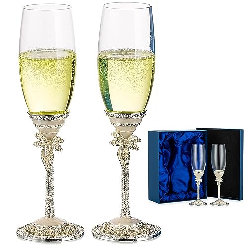 NUPTIO Sektgläser Champagner Gläser Emaille: 2 Stück Sektglas Hochzeit Toasting Kristallglas für Braut und Bräutigam Engagement Jahrestag Hochzeiten Paar Geburtstag Party Geschenk von NUPTIO