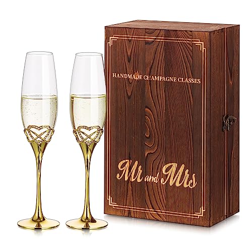 NUPTIO Sektgläser Gläser Geldgeschenk Hochzeit - Set von 2 Gold Champagner Gläser mit Holz Geschenkbox Personalisierte Kristall Glas für Mr Mrs Hochzeiten Verlobung Jubiläum Geburtstag Party von NUPTIO