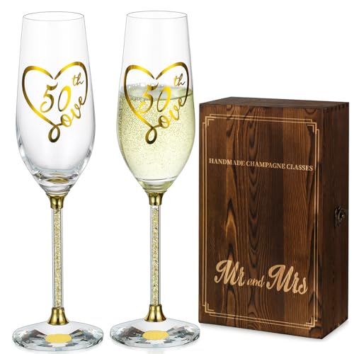 NUPTIO Sektgläser Goldene Hochzeit Geschenke: 2er Set 50 Hochzeitstag Geschenk Goldenen Gastgeschenke Holzkiste Champagner Gläser für Eltern Paare Sein Und Ihr Andenken Mr Mrs von NUPTIO