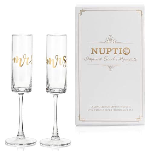 NUPTIO Sektgläser Hochzeit Geschenk Gold: 2er Set Mr Mrs Hochzeitsgeschenke Brautpaar Hochzeitstag Personalisiert Gravur Gläser Champagner Verlobung Paare Wedding Brautpaar Eltern Geschenkideen von NUPTIO