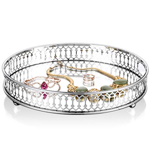 NUPTIO Spiegelglas Makeup Tablett 25cm Durchmesser, Silber Runde Deko Tablett Kerzenplatte Schmuck Tablett Lagerung Organizer Spiegel Waschtisch Tablett für Couchtisch Kommode Badezimmer Schlafzimmer von NUPTIO