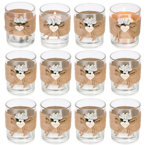 NUPTIO Teelichtgläser Glas Windlicht Hochzeit: 8cm Höhe 12 Stücke Votivkerzenhalter Teelichtglas Gläser Teelichter Schwimmkerzenhalter mit Hanfseil Set Kerzenhalter Halterung Weihnachten Tischdeko von NUPTIO