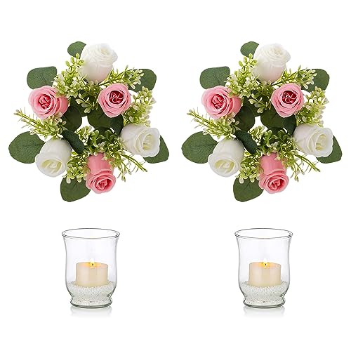 NUPTIO Teelichthalter Glas Teelichtgläser Kerzenhalter, 2 Stück Türkranz Sommer Frühling mit Glas Schwimmkerzen Blumenkranz Deko Outdoor Ganzjährig Hochzeit Tafelaufsätze Tische Dekorationen von NUPTIO