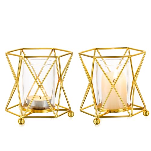 NUPTIO Teelichthalter Kerzenständer Gold Geometrische: Teelicht Geometrisch Kerzenhalter 2 Stück Sechseck Metall Teelichter Dekorative Windlicht Esszimmer Wohnzimmer Schlafzimmer Hochzeit Tisch von NUPTIO