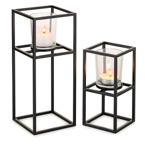 NUPTIO Teelichthalter Schwarz Geometrische Kerzenhalter: 23cm und 15cm Kerzenständer Metall Teelichtglas Geometrisch Deko Tischdeko Esstisch Windlicht Wohnzimmer Teelichtgläser Weihnachten 2er von NUPTIO