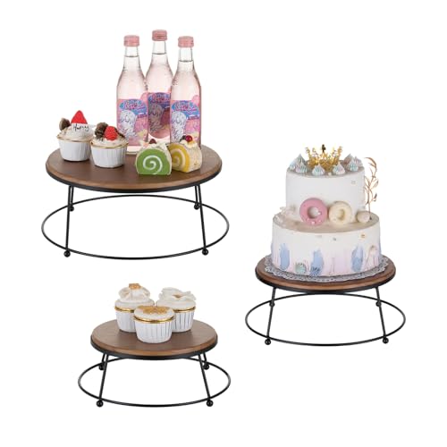 NUPTIO Tortenständer Cupcake Podest Holz: Satz von 3 Tortenstützen Display Kuchenständer Rund Cake Stand Schwarz Metall Rahmen Tortenretter Verkaufsständer Stützen Pedestal Babyparty Weihnacht von NUPTIO