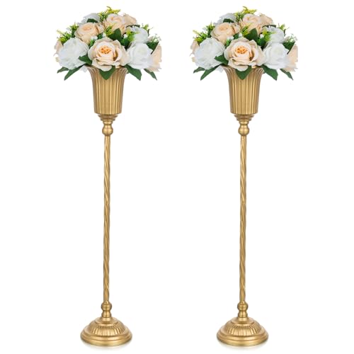 NUPTIO Trompete Vase Hochzeit Tafelaufsätze: 2 Stück 67.3cm Hoch Gold Blumenständer Metall Blumen Vasen Geometrische Zentrum Stücke Steht Geburtstag Party Gang Esszimmer Tischdekorationen von NUPTIO