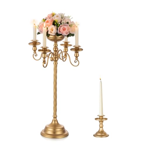 NUPTIO Vasen Hochzeit Tischdeko Gold - 70cm Kerzenleuchter 5 Armig Blumenständer Goldene Vase, Kerzenständer Boden Metall Kandelaber Hochzeitsdeko Tisch Hochzeitsfeier Kamin Ornamente von NUPTIO