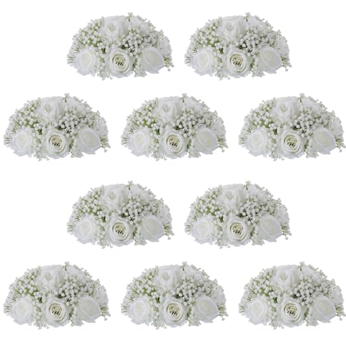 NUPTIO Weiß Rose Blumenkugel Künstlich: 10 Stück 24cm Durchmesser Unechte Schleierkraut Dekoblumen für Hochzeit Tischgesteck - Seidenblumen Kunstrosen für Party Tisch Deko von NUPTIO