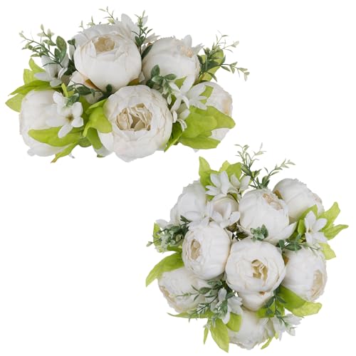 NUPTIO Weiße Pfingstrose Blumen für Tafelaufsätze: 2 Stück 24cm Durchmesser Künstliche Blume Kugeln für Tafelaufsätze Gefälschte Braut Arrangement Bouquet Hochzeit Partei Tischdekorationen von NUPTIO