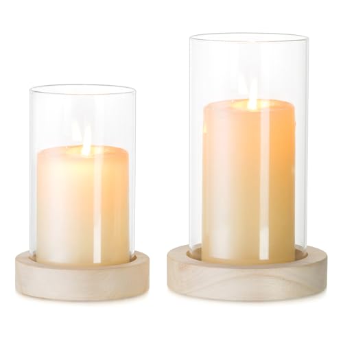 NUPTIO Windlicht Glas Kerzenhalter Holz: 2er Set Gläser Windlichter Glaszylinder mit Boden Vase Groß Stumpenkerzen Teelichthalter Kerzenständer Tischdeko Esstisch Deko Weihnachten Hochzeit Outdoor von NUPTIO