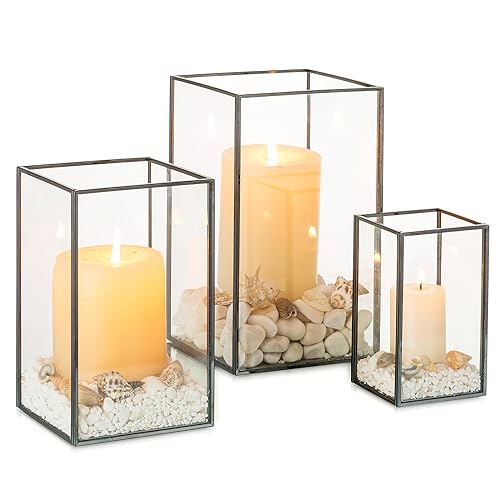 NUPTIO Windlichter Kerzenständer Glas Schwarze - 3 Stück Stumpenkerzen Metall Gehärtetes Glas Windlicht Laterne Deko Gehärtetes Kerzenhalter Hochzeit Mantel Weihnachten Tafelaufsatz von NUPTIO