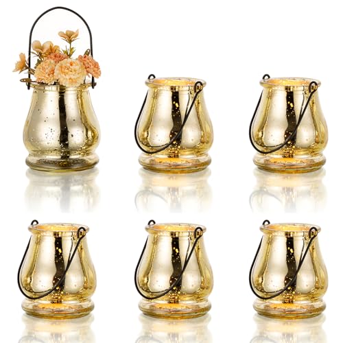 NUPTIO windlicht Glas teelichtgläser Gold - 6 Stücke windlichter Outdoor teelichthalter mit Henkel kerzengläser teelichter Vintage tischdeko Hochzeit deko gartenparty Weihnachten von NUPTIO