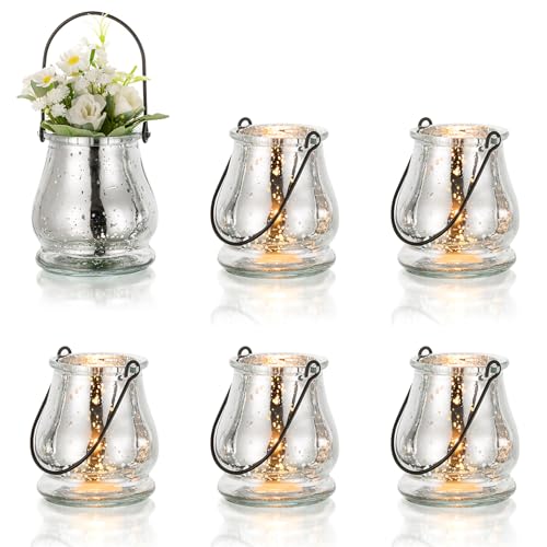 NUPTIO windlicht Glas teelichtgläser Silber - 6 Stücke windlichter Outdoor teelichthalter mit Henkel kerzengläser teelichter Vintage tischdeko Hochzeit deko gartenparty Weihnachten von NUPTIO