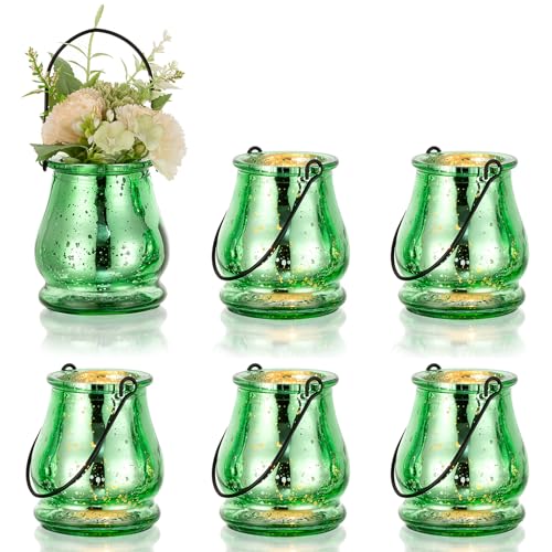 NUPTIO windlicht Glas teelichtgläser grün - 6 Stücke windlichter Outdoor teelichthalter mit Henkel kerzengläser teelichter Vintage tischdeko Hochzeit deko gartenparty Weihnachten von NUPTIO