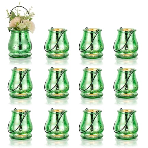 NUPTIO windlicht Outdoor teelichthalter Glas: 2er Set grün windlichter für draußen teelichthalter kerzengläser mit Henkel teelichter Kerzen Party deko Outdoor hochzeitsdeko Weihnachten Garten von NUPTIO