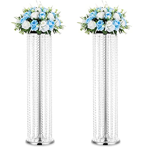 Nuptio 2 Stück Hochzeit Mittelstücke Blumenvasen 90cm Hoch Kristall Silber Vase Metall Blumenständer für Party Tischdekorationen Elegante Massenhochzeiten Dekoration Tisch Kronleuchter Herzstück Steht von NUPTIO