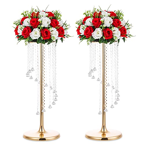 Nuptio 2 Stück Hochzeitsdekorationen Goldvasen 70cm Hohe Kristallblumenvase Metallblumenständer für Partytischdekorationen Elegante Massenhochzeitsdekoration Tischkronleuchter Herzstückständer von NUPTIO