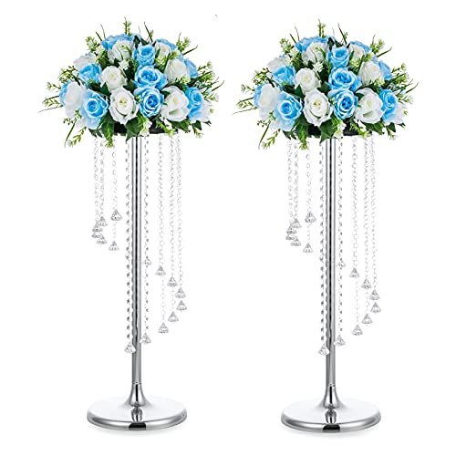 Nuptio 2 Stück Hochzeitsmittelstücke Silbervasen 70cm Hohe Kristallblumenvase Metallblumenständer für Partytischdekorationen Elegante Massenhochzeitsdekoration Tischkronleuchter Herzstückständer von NUPTIO