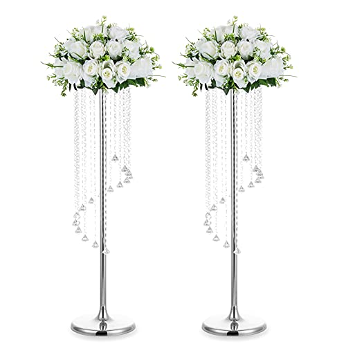 Nuptio 2 Stück Hochzeitsmittelstücke Silbervasen 90cm Hohe Kristallblumenvase Metallblumenständer für Partytischdekorationen Elegante Massenhochzeitsdekoration Tischkronleuchter Herzstückständer von NUPTIO