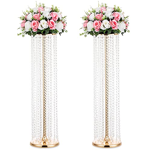 Nuptio 2 Stücke Blumenständer Hoch Gold 90cm Kristall Hochzeit Mittelstücke Vase Metall Blumen Vasen für Party Tischdekorationen Elegante Massenhochzeiten Dekoration Tischleuchter Mittelstück Steht von NUPTIO