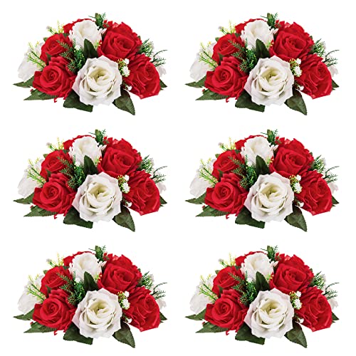 Nuptio 6 künstliche Blumensträuße künstlicher Blumenstrauß, 15 Plastikrosen im Strauß mit Halter, geeignet für das Blumenregal aus unserem Shop für Party, Valentinstag, Heimdekoration (Rot und Weiß) von NUPTIO