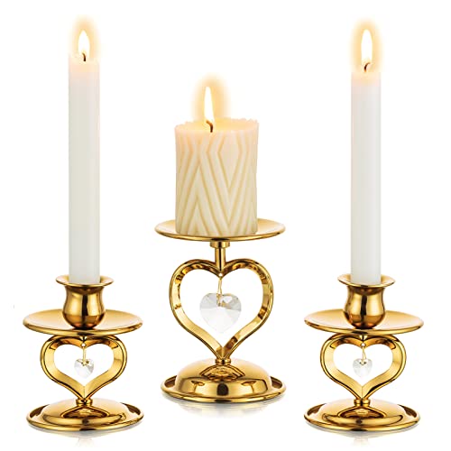 Nuptio Gold Kerzenständer Kerzenhalter Stumpenkerzenhalter - Vintage Metall Stabkerzen Stabkerzenhalter Kerzenteller Tisch Tischdekoration Hochzeit Weihnachten Candlelight Dinner, 3er Set von NUPTIO