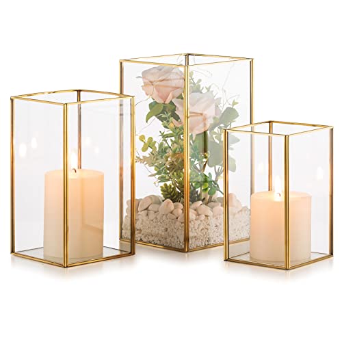 Nuptio Kerzenständer Glas Windlicht: Set von 3 Groß Kerzenhalter Stumpenkerzen, Dekorative Laternen Set Outdoor für Hochzeit Weihnachten Halloween Wohnzimmer Tischplatte Kamin Gehärtetes Glas von NUPTIO