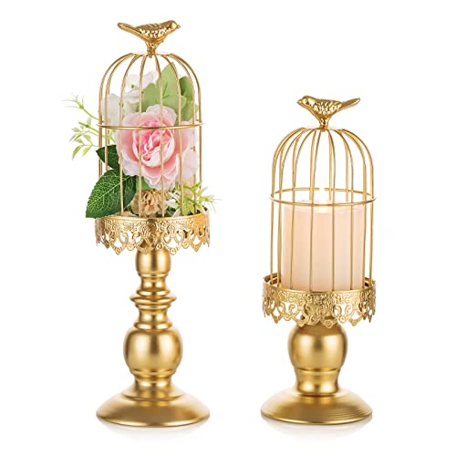 Nuptio Kerzenständer für Stumpenkerzen Gold: Metallic Vogelkäfig Windlichter, Shabby Chic Deko Kerzenhalter Party Hochzeit Empfang Tafelaufsätze für Tische Schlafzimmer Cafe Tisch, Satz von 2 von NUPTIO