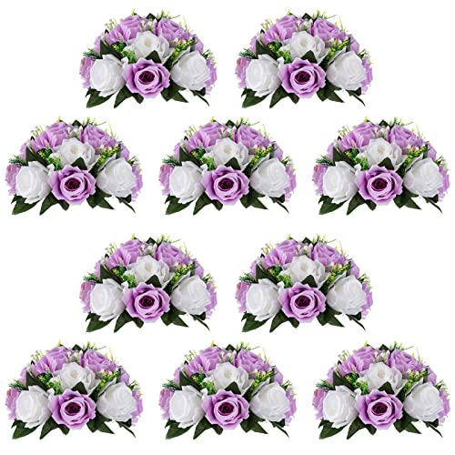 Nuptio Künstliche Blume Ball Tafelaufsätze: 10 Stück Flieder & Weiß Gefälschte Blumen Rosen Bälle 24cm Durchmesser für Tafelaufsatz Faux Rose für Hochzeit Party Tischdekorationen von NUPTIO