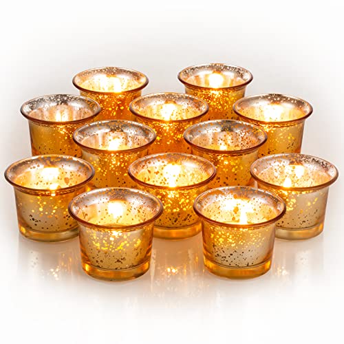 Nuptio Teelichthalter Glas Set - Satz von 12 kerzenständer Bulk Quecksilber Gold Kerzenhalter für Schwimmende Votivkerzen Tisch Tafelaufsatz für Hochzeit Party Empfang Weihnachten Dekorationen von NUPTIO