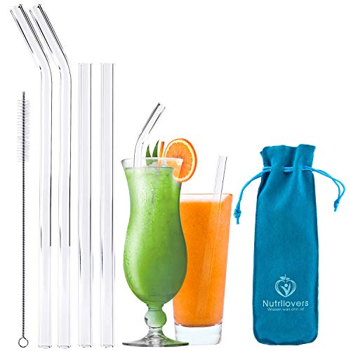 NUTRI-Straws Glasstrohalme 4er Set Lang Gerade 15cm & Gebogen 20cm | Plastikfreie Borosilikat Glas Strohhalme | Reinigungsbürste + Pouch | Wiederverwendbare Trinkhalme Smoothies Säfte Cocktails von Nutrilovers