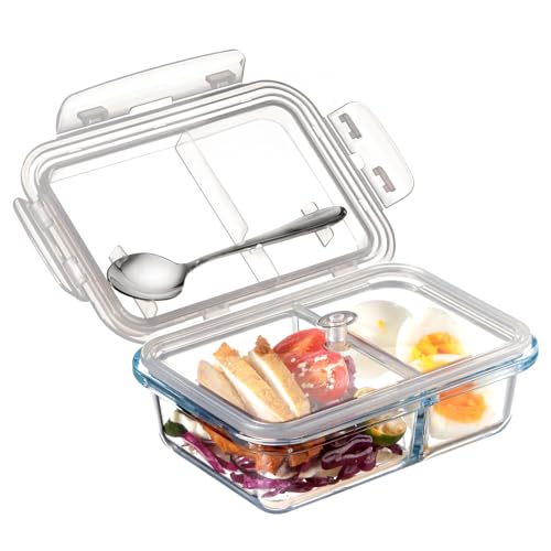 NUTRIUPS 0.6L Bento Box Glas 2 Fächer, 18.7x13.2x5.4cm Frischhaltedose mit Luftdichtem Deckel, Meal Prep Boxen Glas, Glasschüssel mit Deckel, Mikrowellen & Backofensicher - Rechteckig von NUTRIUPS