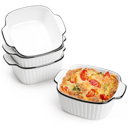 NUTRIUPS 400ML Keramik Auflaufform 4er Set, 14.5 x 11.5 x 5.5cm Quadratische Backformen, Kleine Backform für Fritteuse, Keramik Backformen mit Griffen, Backofen und Mikrowellen Sicher von NUTRIUPS