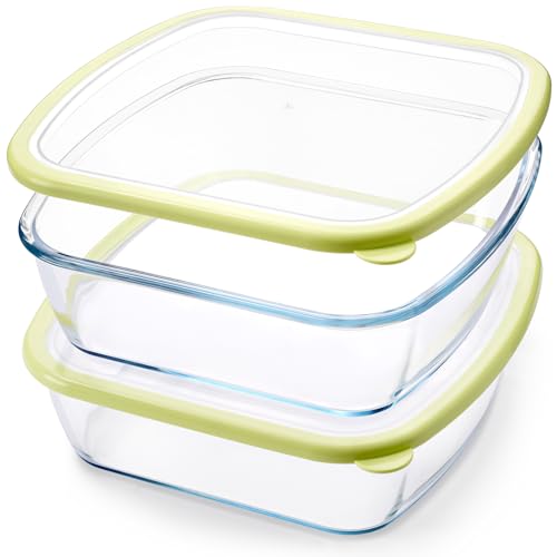 NUTRIUPS 2 Stück 9 x 9 Glas-Backform mit Deckel, 9 x 9 Backform, 2,75 QT große und tiefe Backform für Ofen (Gelb, 2 Stück, 2,6 l) von NUTRIUPS