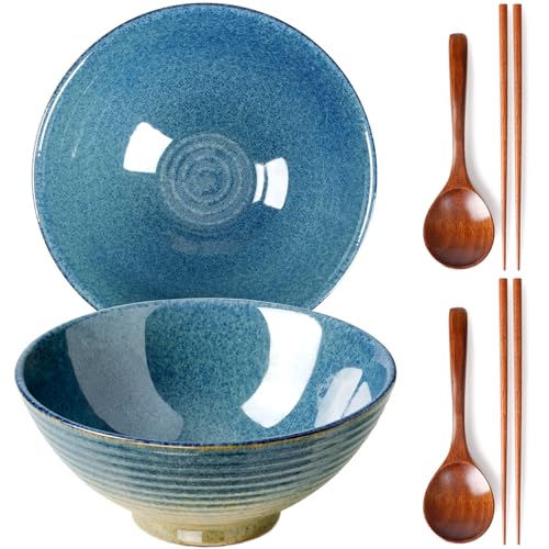 NUTRIUPS 2 x 1200ml Ramenschüssel aus Keramik mit Essstäbchen und Löffeln, 20cm Bowl Schüssel Suppenschüssel Groß (Eisriss blau) von NUTRIUPS