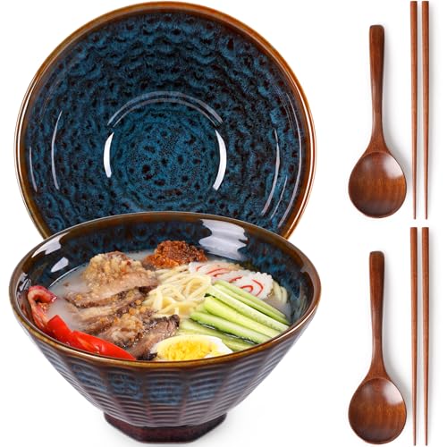 NUTRIUPS 2 x 1500ml Ramenschüssel aus Keramik mit Essstäbchen und Löffeln Groß Ramen Schüssel Set Ramen Schale，Pfauenschwanz von NUTRIUPS