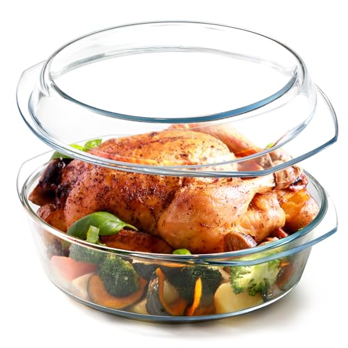 NUTRIUPS Auflaufform Groß, 4L 28x9.2cm Brotbackform mit Deckel, Glas Auflaufform Rund mit Deckel, Mikrowellengeeignet, Ofenfest von NUTRIUPS