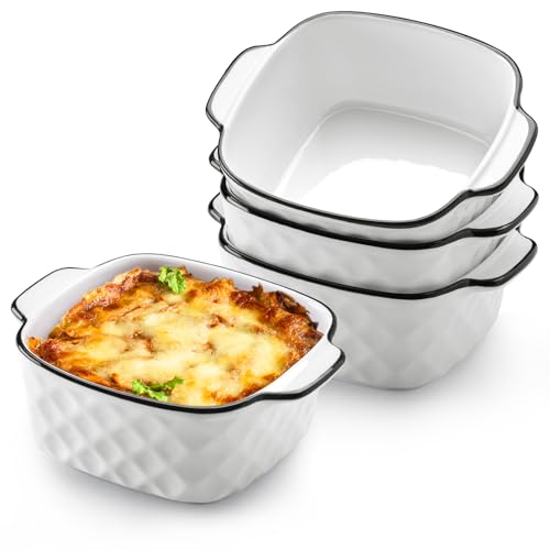 NUTRIUPS Keramik Auflaufform 4er Set, 14.5 x 11.5 x 5.5cm Quadratische Backformen, 400ML Kleine Backform für Fritteuse, Keramik Backformen mit Griffen, Backofen und Mikrowellen Sicher von NUTRIUPS
