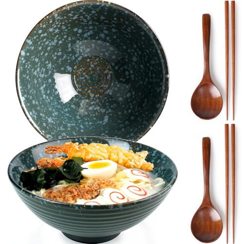 NUTRIUPS Ramenschüssel aus Keramik mit Essstäbchen und Löffeln, 20cm Bowl Schüssel Suppenschüssel Groß，Smaragd， 2 x 1200ml von NUTRIUPS