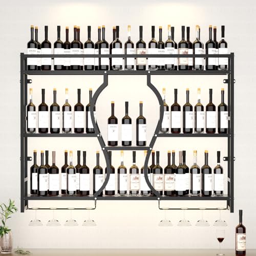 NUWJBYE Weinregal zur Wandmontage mit Glashalter, Weinflaschen-Ausstellungsregal für Bar, Liköraufbewahrung, Metallwand-Weinregal, schwebendes offenes Regal für Hausbar (120 x 18 x 90 cm) von NUWJBYE