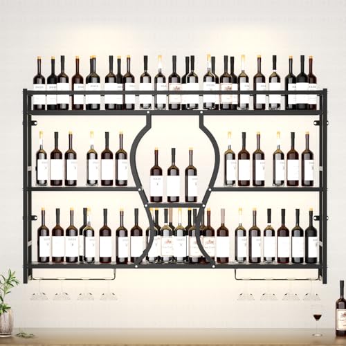 NUWJBYE Weinregal zur Wandmontage mit Glashalter, Weinflaschen-Ausstellungsregal für Bar, Liköraufbewahrung, Metallwand-Weinregal, schwebendes offenes Regal für Hausbar (140 x 18 x 90 cm) von NUWJBYE