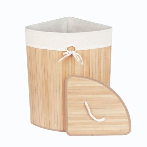 NUXIO Eckwäschekorb aus Bambus ARCO – 60 L Wäschekorb mit Deckel – Wäschebehälter mit Wäschesack 35 × 35 × 60 cm von NUXIO