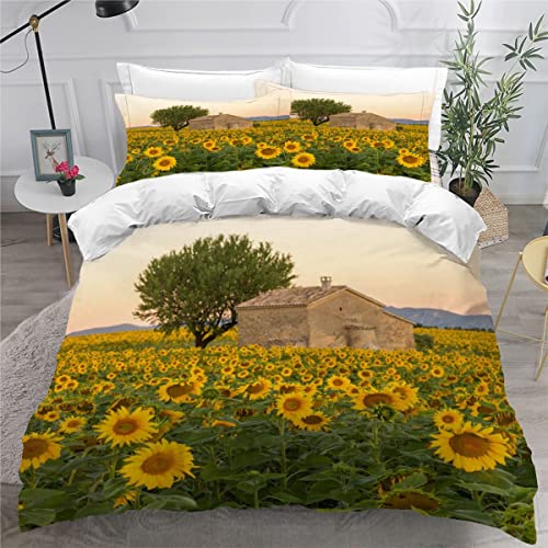 3 teilig Bettwäsche-Set Kinder Sonnenblumen, Architektur In Der Provence, Frankreich Bettbezug 135x200 mit Reißverschluss Sommer Leicht Mikrofaser Betten Set Bettbezüge mit 2 Kissenbezug 80x80cm von NUYSP