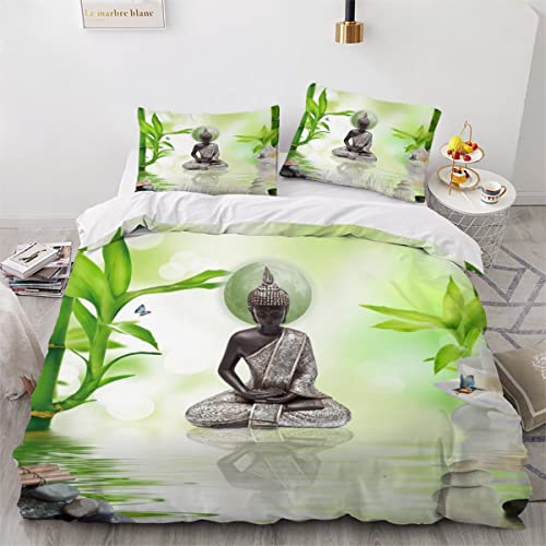 NUYSP 3 teilig Bettwäsche-Set Teenager Bambus Buddha-Statue Bettbezug 155x220 mit Reißverschluss Sommer Leicht Mikrofaser Zen Betten Set Atmungsaktive Bettbezüge mit 2 Kissenbezug 80x80cm von NUYSP